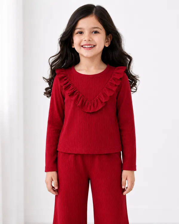 Red_Ruffled_Top_And_Flared_Pants_Set_For_Girls