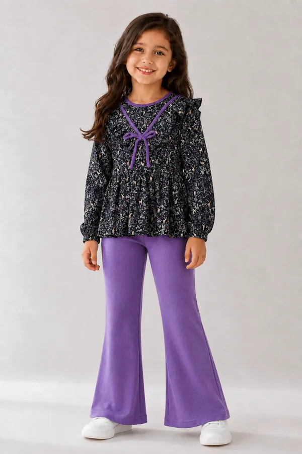 Black_Printed_Top_And_Purple_Flared_Pants_Set_For_Girls