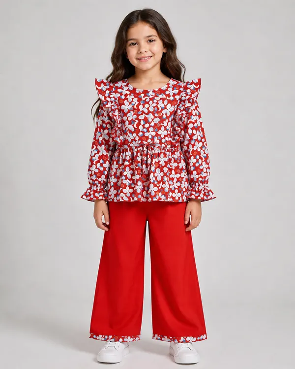 Red_Floral_Peplum_Top_And_Wide_Leg_Pants_Set_For_Girls