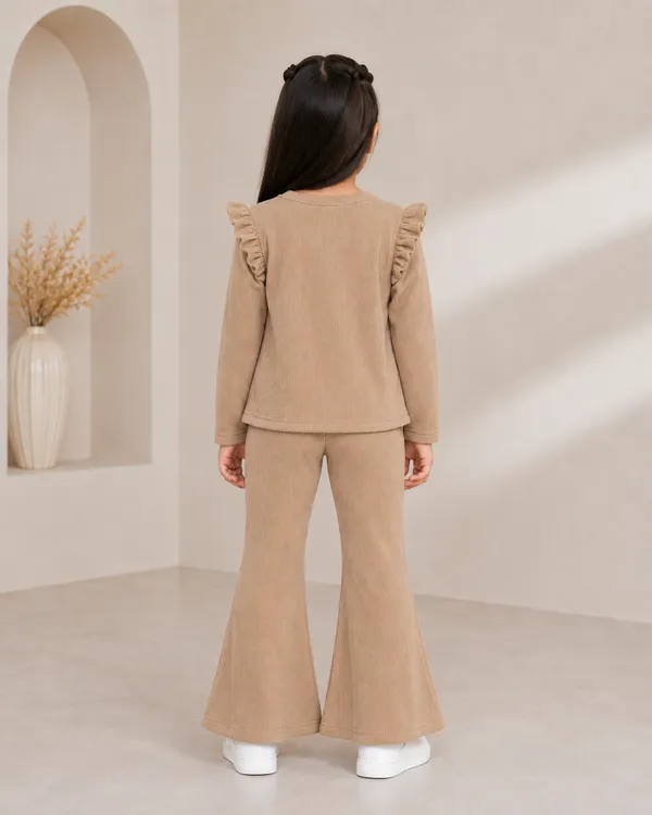 Beige_Ribbed_Ruffle_Top_And_Flared_Pants_Set_For_Girls