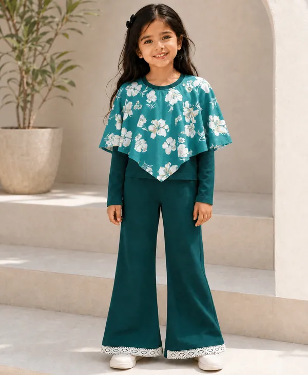 Teal_Floral_Print_Flared_Co_Ord_Set_For_Girls