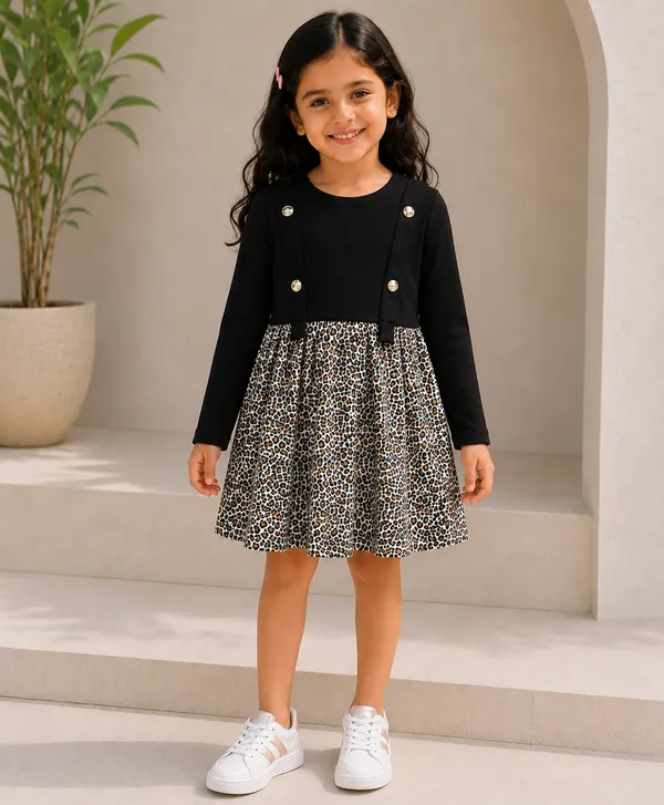 Full_Sleeve_Leopard_Printed_Fit_And_Flare_Dress_Black