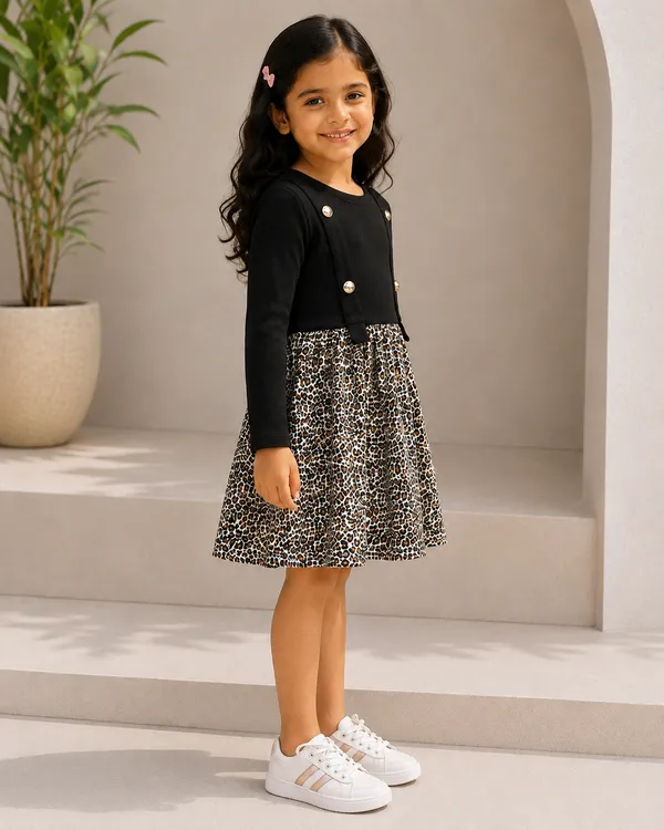 Full_Sleeve_Leopard_Printed_Fit_And_Flare_Dress_Black