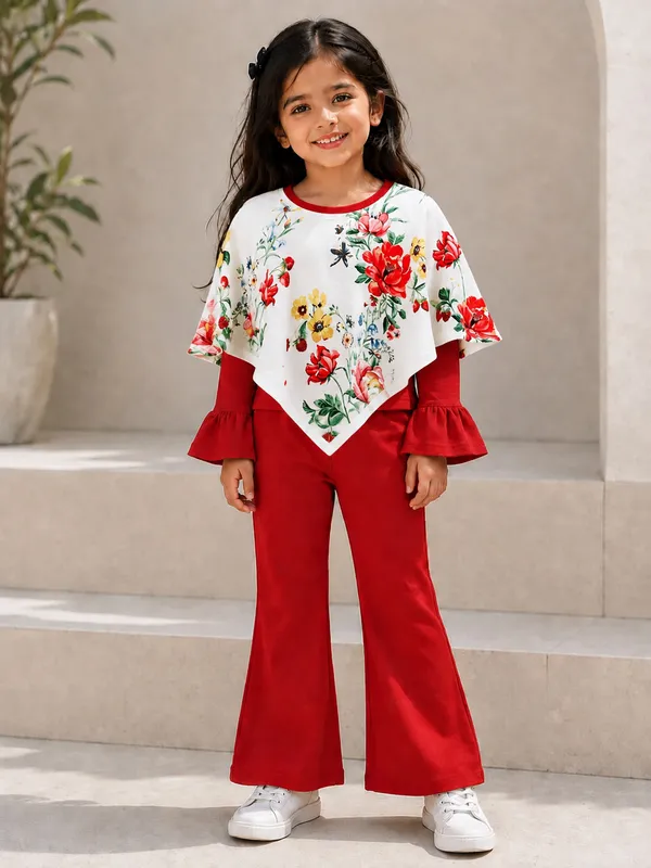Red_Cotton_Blend_Floral_Cape_Co-Ord_Set_For_Girls
