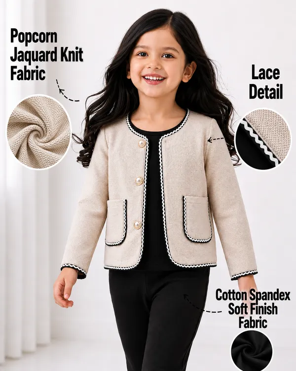 Beige_Woven_Button_Front_Blazer_Jacket_For_Girls