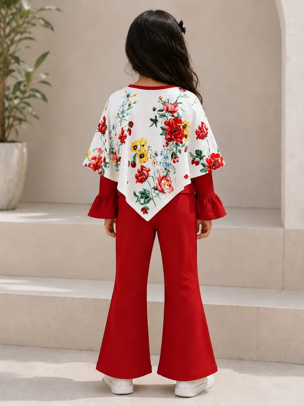 Red_Cotton_Blend_Floral_Cape_Co-Ord_Set_For_Girls
