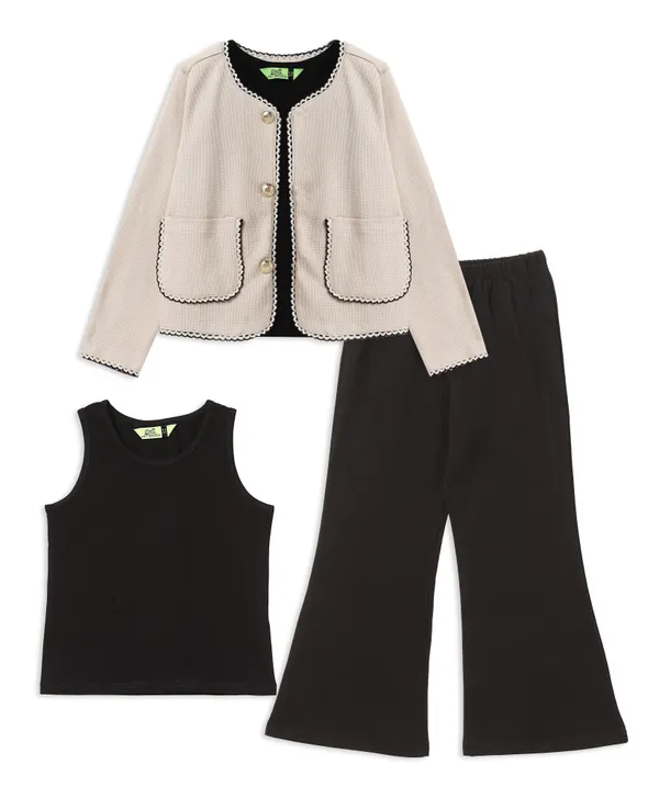 Beige_Woven_Button_Front_Blazer_Jacket_For_Girls