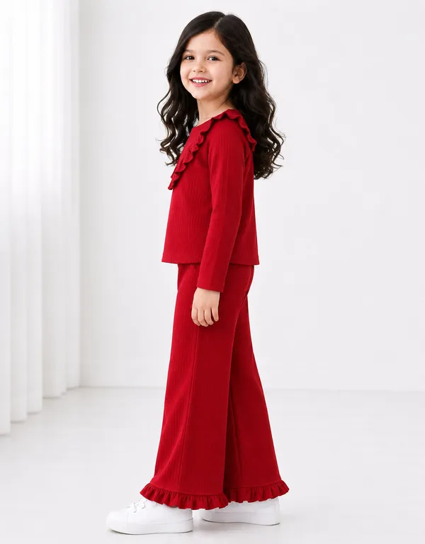 Red_Ruffled_Top_And_Flared_Pants_Set_For_Girls