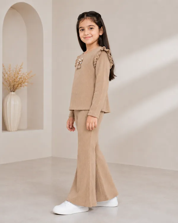 Beige_Ribbed_Ruffle_Top_And_Flared_Pants_Set_For_Girls