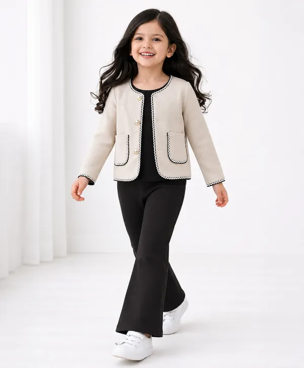 Beige_Woven_Button_Front_Blazer_Jacket_For_Girls