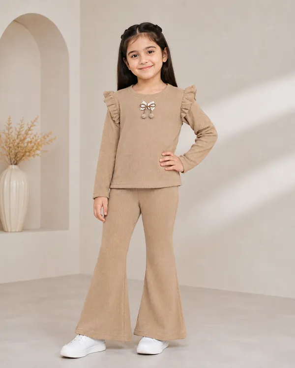 Beige_Ribbed_Ruffle_Top_And_Flared_Pants_Set_For_Girls