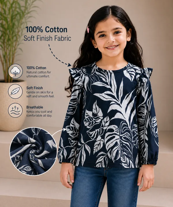 Navy_Floral_Print_Ruffle_Top_For_Girls