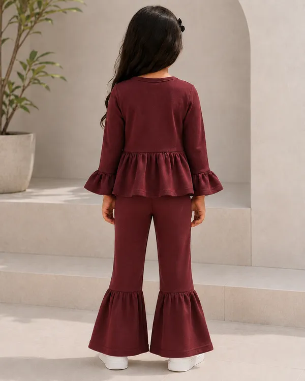 Full_Sleeves_Solid_Fit_And_Flare_Top_With_Ruffle_Bottom_Pant_Set