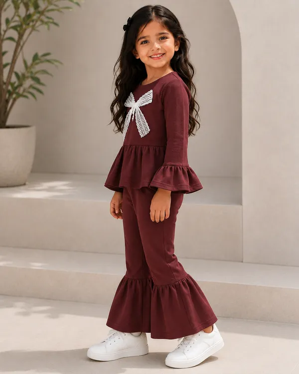Full_Sleeves_Solid_Fit_And_Flare_Top_With_Ruffle_Bottom_Pant_Set