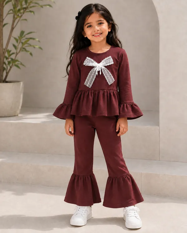 Full_Sleeves_Solid_Fit_And_Flare_Top_With_Ruffle_Bottom_Pant_Set