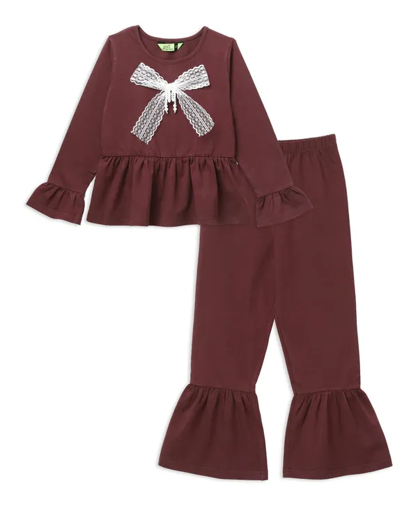 Full_Sleeves_Solid_Fit_And_Flare_Top_With_Ruffle_Bottom_Pant_Set