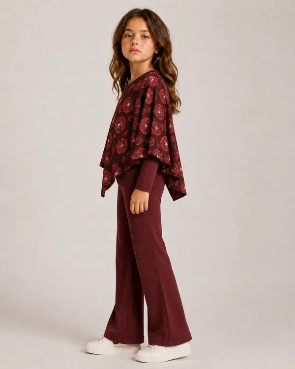 Full_Sleeves_Solid_Top_With_Flared_Pant_And_Floral_Printed_Pooncho_Set