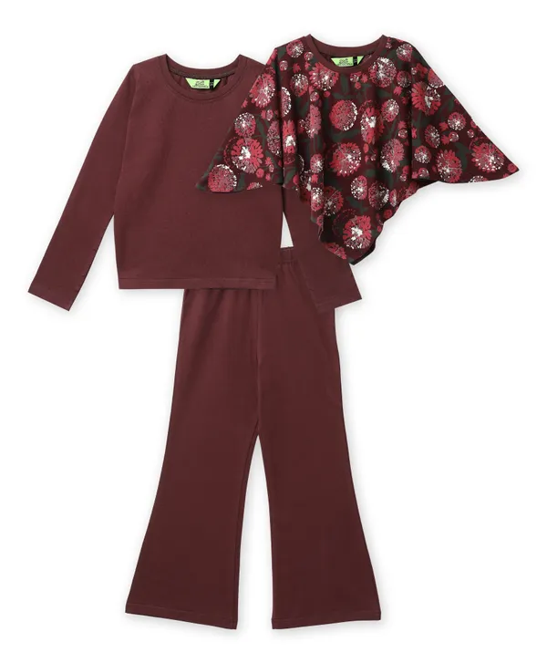 Full_Sleeves_Solid_Top_With_Flared_Pant_And_Floral_Printed_Pooncho_Set