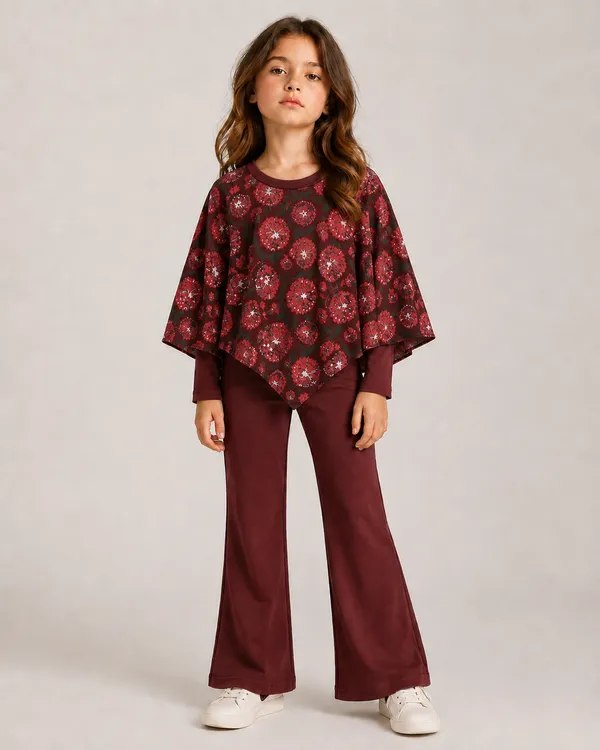 Full_Sleeves_Solid_Top_With_Flared_Pant_And_Floral_Printed_Pooncho_Set