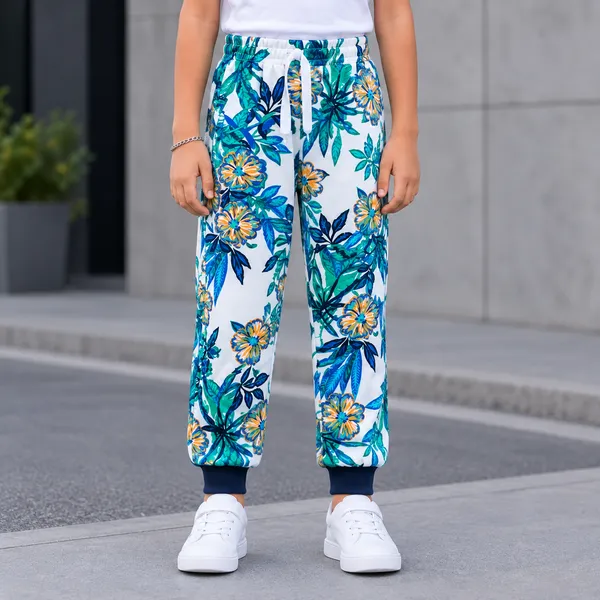 White_Floral_Print_Jogger_Pants_For_Kids