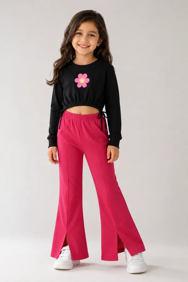 Full_Sleeve_Applique_Flower_Solid_Crop_Top_With_Front_Slit_Pant_Set
