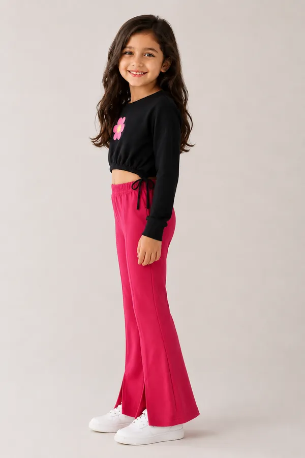 Full_Sleeve_Applique_Flower_Solid_Crop_Top_With_Front_Slit_Pant_Set