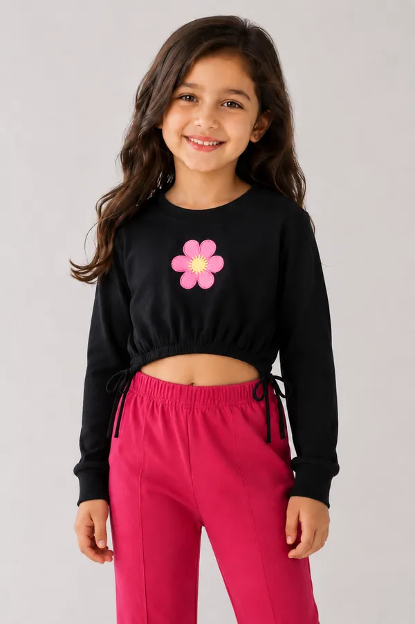 Full_Sleeve_Applique_Flower_Solid_Crop_Top_With_Front_Slit_Pant_Set