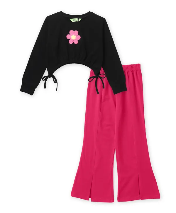 Full_Sleeve_Applique_Flower_Solid_Crop_Top_With_Front_Slit_Pant_Set