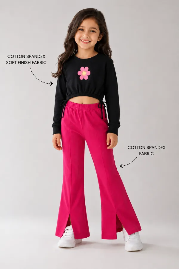 Full_Sleeve_Applique_Flower_Solid_Crop_Top_With_Front_Slit_Pant_Set