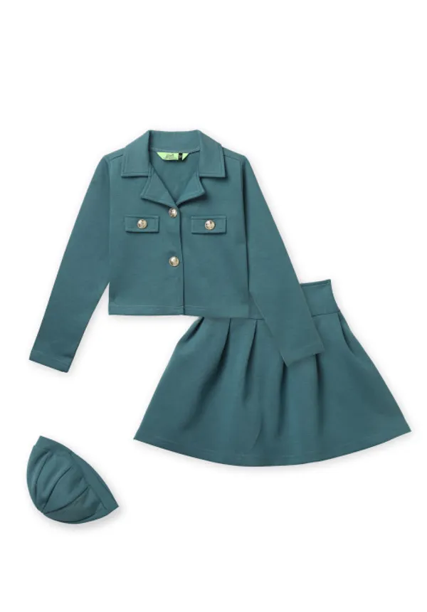 Full_Sleeves_Solid_Jacket_Pleated_Skirt_With_Cap_Set_Sea_Green