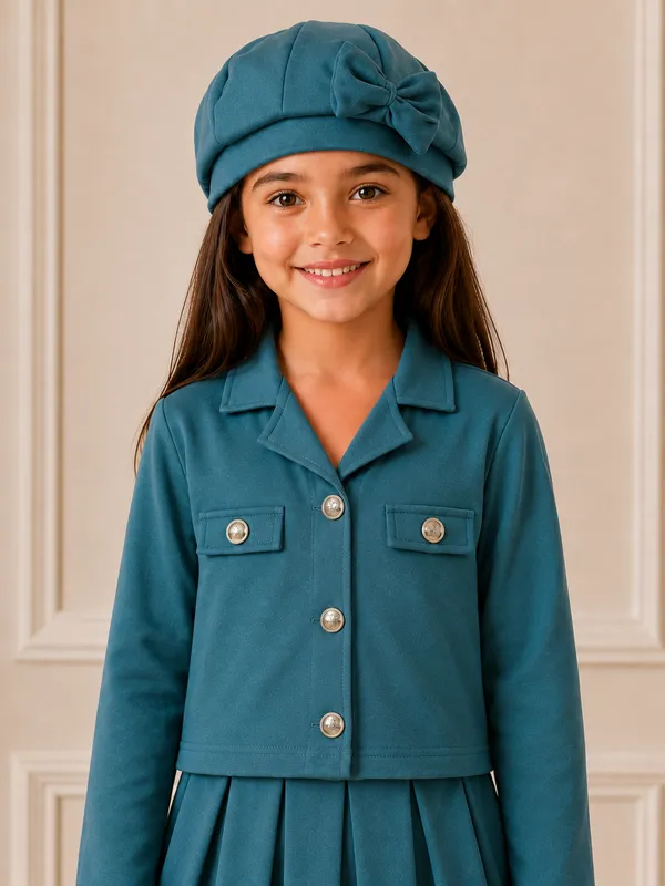 Full_Sleeves_Solid_Jacket_Pleated_Skirt_With_Cap_Set_Sea_Green