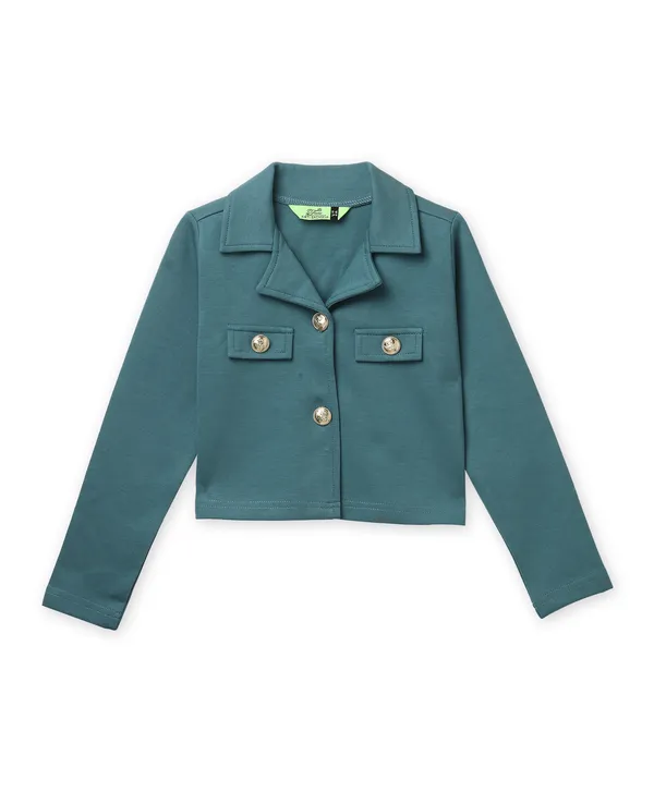 Full_Sleeves_Solid_Jacket_Pleated_Skirt_With_Cap_Set_Sea_Green