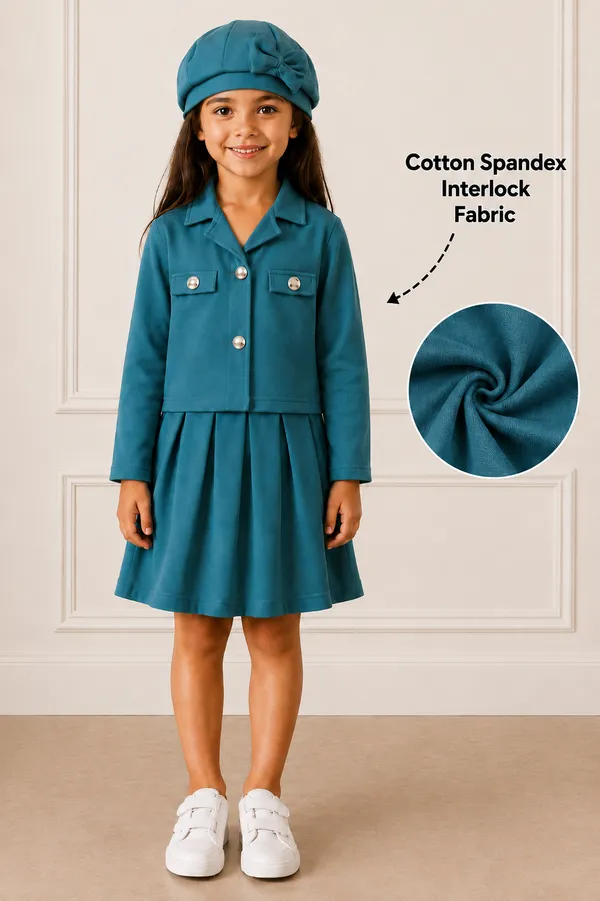 Full_Sleeves_Solid_Jacket_Pleated_Skirt_With_Cap_Set_Sea_Green