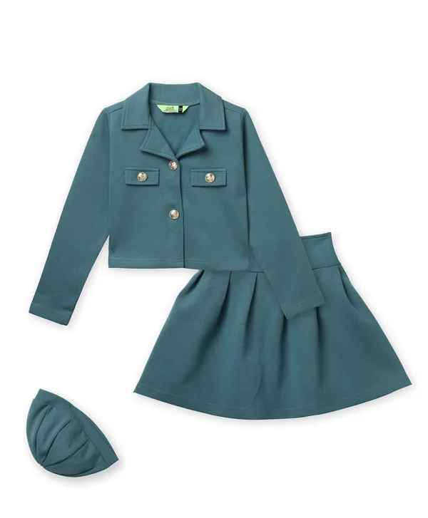 Full_Sleeves_Solid_Jacket_Pleated_Skirt_With_Cap_Set_Sea_Green