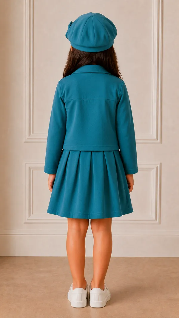 Full_Sleeves_Solid_Jacket_Pleated_Skirt_With_Cap_Set_Sea_Green