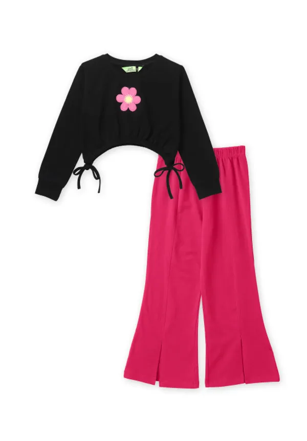 Full_Sleeve_Applique_Flower_Solid_Crop_Top_With_Front_Slit_Pant_Set