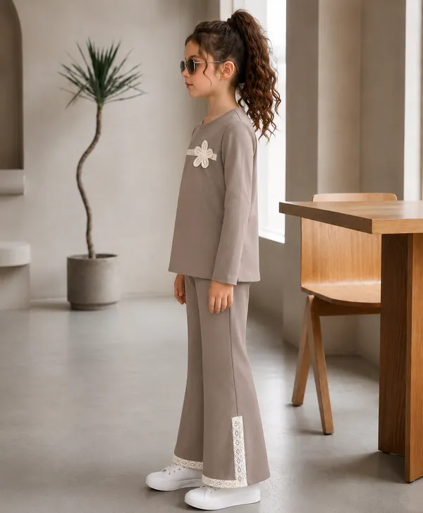 Full_Sleeves_Solid_Lace_And_Flower_Applique_Top_With_Bell_Bottom_Pant_Set_
