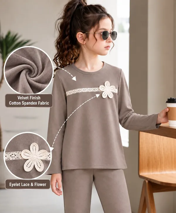 Full_Sleeves_Solid_Lace_And_Flower_Applique_Top_With_Bell_Bottom_Pant_Set_
