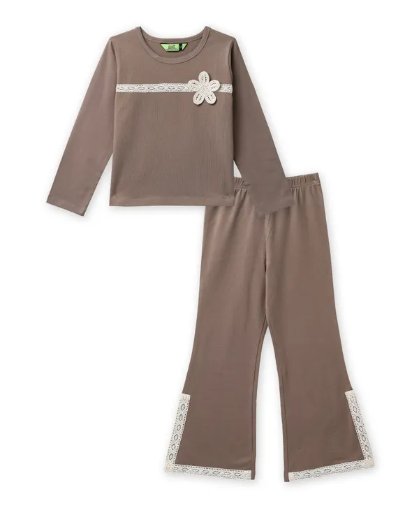 Full_Sleeves_Solid_Lace_And_Flower_Applique_Top_With_Bell_Bottom_Pant_Set_
