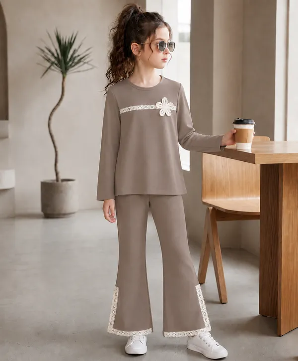 Full_Sleeves_Solid_Lace_And_Flower_Applique_Top_With_Bell_Bottom_Pant_Set_

