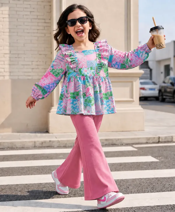 Full_Sleeves_Floral_Printed_Ruffle_Peplum_Top_And_Flared_Pant_Set_