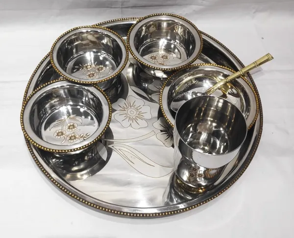 Two_tone_Stainless_Steel_Floral_Print_7pc_Thali_Set