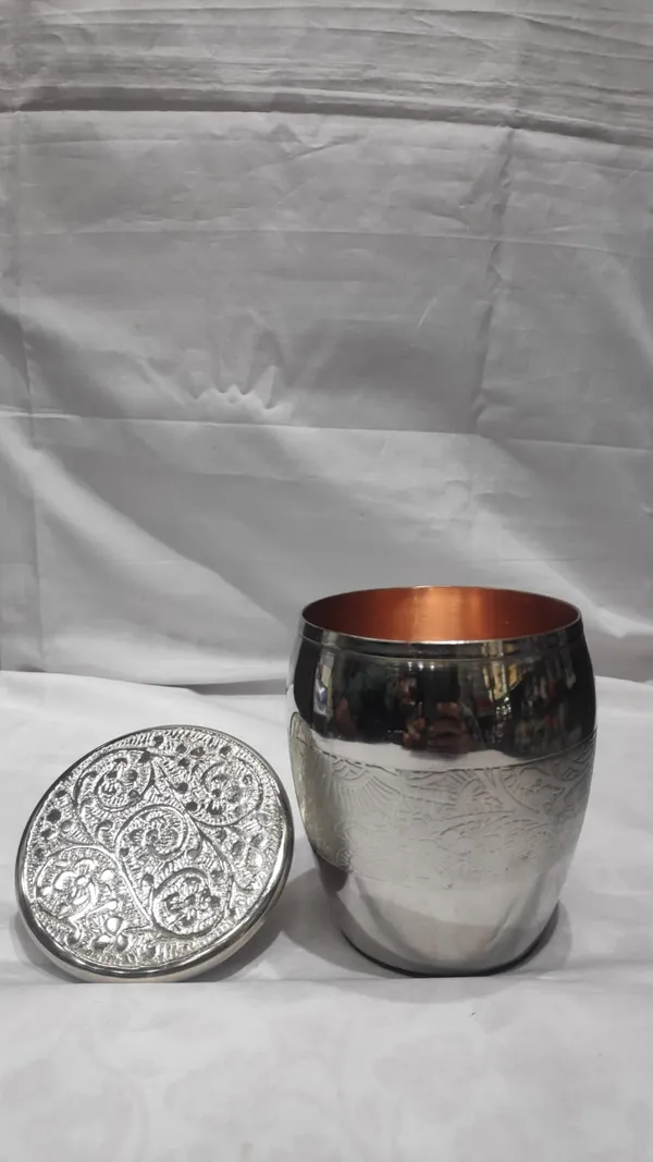 Pure_Copper_Traditional_Floral_Engraved_damru_glass_with_coaster_nickel_finish