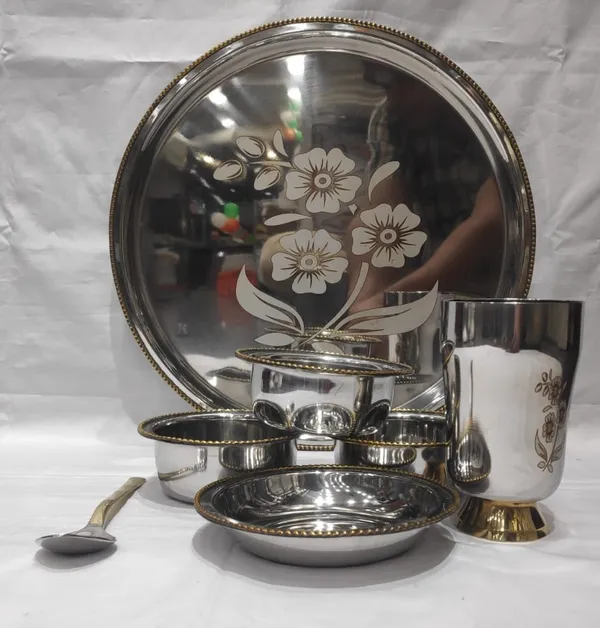 Two_tone_Stainless_Steel_Floral_Print_7pc_Thali_Set