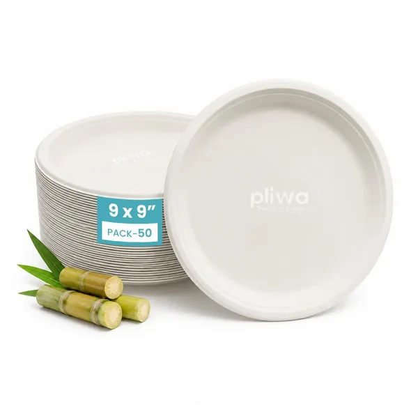 Pliwa_Disposable_Bagasse_Plates_|_9_inch_-_Pack_of_50_|_Non_Toxic,_Compostable_|_Sturdy,_Microwave_Safe,_Leak-Resistant_|_Sugarcane_Bagasse_Eco-Friendly_Round_Plates_(White)