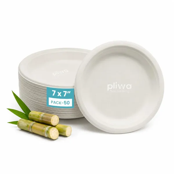 Pliwa_Disposable_Bagasse_Plates_|_7_inch_-_Pack_of_50_|_Non_Toxic,_Compostable_|_Sturdy,_Microwave_Safe,_Leak-Resistant_|_Sugarcane_Bagasse_Eco-Friendly_Round_Plates_(White)