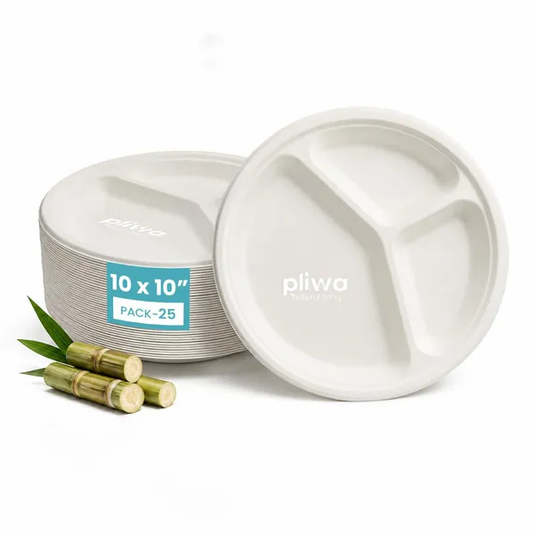 Pliwa_Disposable_Bagasse_Plates_|_3_Compartment_|_10_inch_-_Pack_of_25_|_Non_Toxic,_Compostable_|_Sturdy,_Microwave_Safe,_Leak-Resistant_|_Sugarcane_Bagasse_Eco-Friendly_Round_Plates_(White)