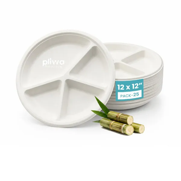 Pliwa_Disposable_Bagasse_Plates_|_4_Compartment_|_12_inch_-_Pack_of_25_|_Non_Toxic,_Compostable_|_Sturdy,_Microwave_Safe,_Leak-Resistant_|_Sugarcane_Bagasse_Eco-Friendly_Round_Plates_(White)
