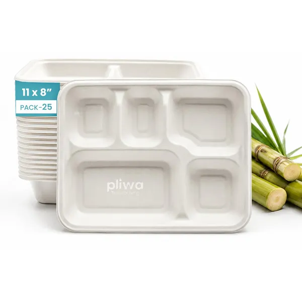 Pliwa_Disposable_Bagasse_Meals_Tray_|_5_Compartment_|_Pack_of_25_|_Non_Toxic,_Compostable_|_Sturdy,_Microwave_Safe,_Leak-Resistant_|_Sugarcane_Bagasse_Eco-Friendly_Square_Plates_(White)