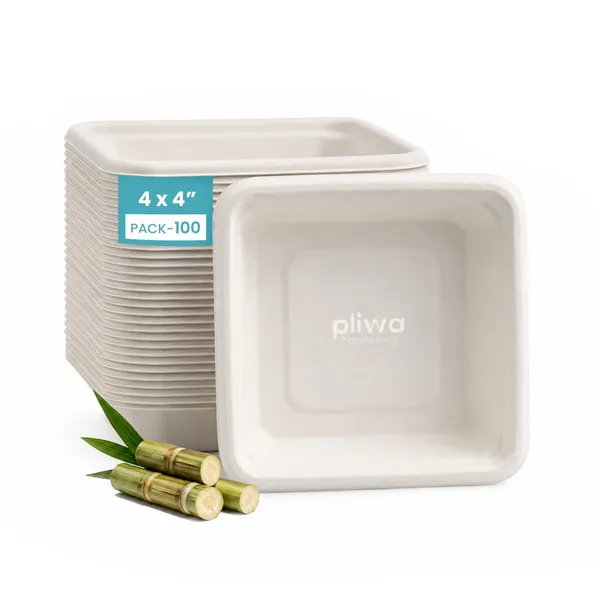 Pliwa_Disposable_Bowl_|_Dona_|_4*4_-_Pack_of_100_|_Non_Toxic,_Compostable_|_Sturdy,_Microwave_Safe,_Leak-Resistant_|_Sugarcane_Bagasse_Eco-Friendly_Square_Bowl_(White)